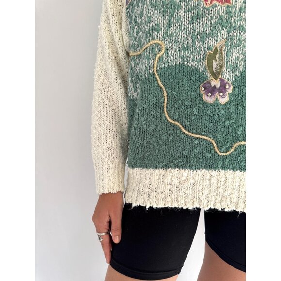 80s vintage floral embroidered applique fairy grandma long sleeved knit sweater - Picture 8 of 9